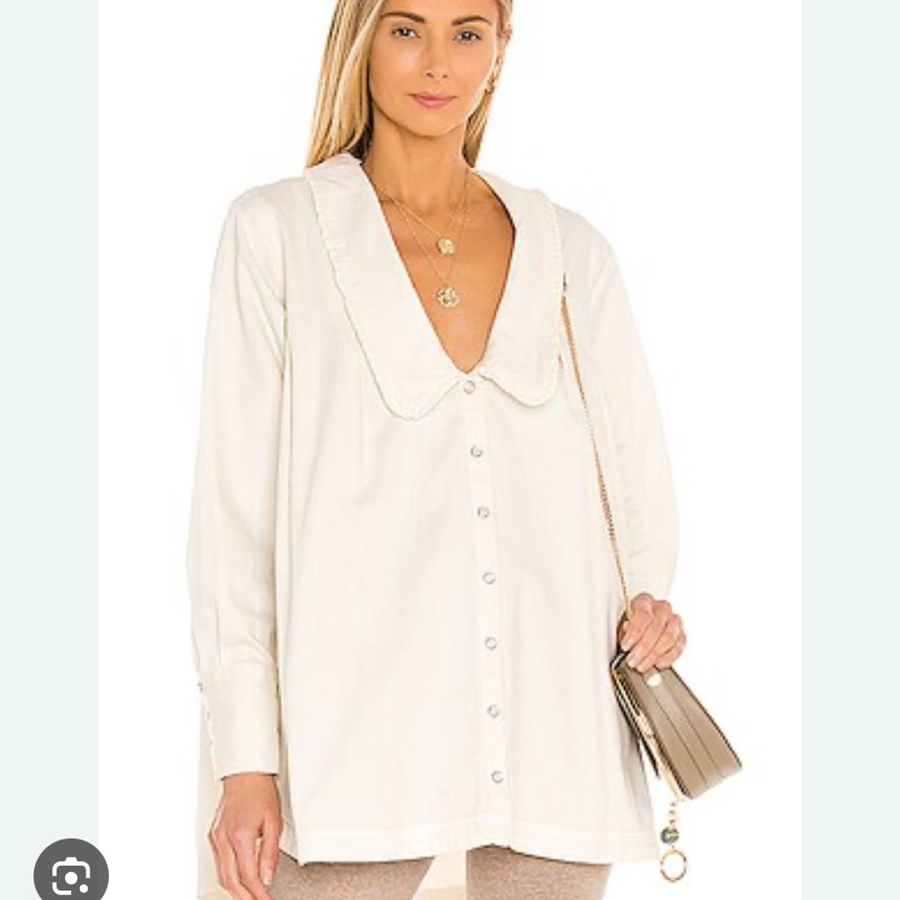 Free People Cotton Cream Denim Dress with pearl snap Detail oversized jacket. - Picture 9 of 12